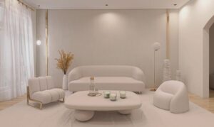 Indretning af stue: Stue med hvid sofa og 2 hvide stole